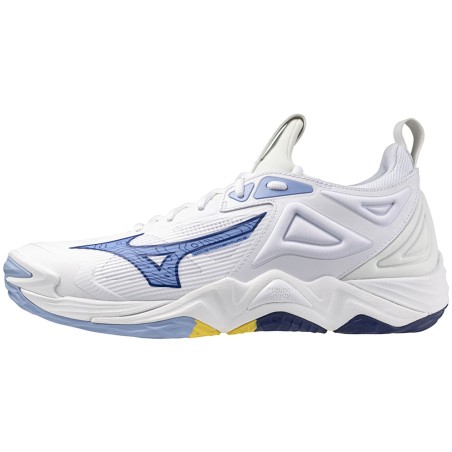 Chaussures Momentum Mizuno Blanc/Bleu/Jaune | Le spécialiste handball espace-handball.com